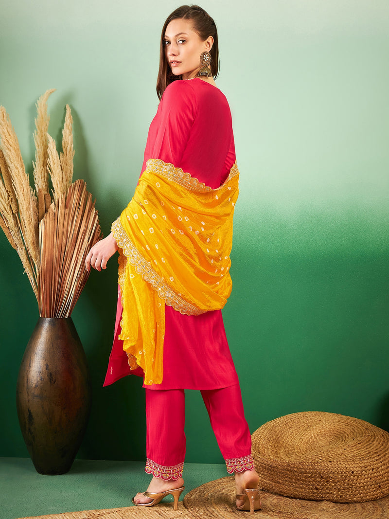 Floral Embroidered Sequinned Pure Silk V-Neck Kurta With Trousers & Dupatta