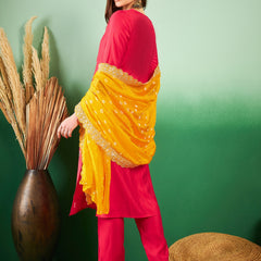 Floral Embroidered Sequinned Pure Silk V-Neck Kurta With Trousers & Dupatta