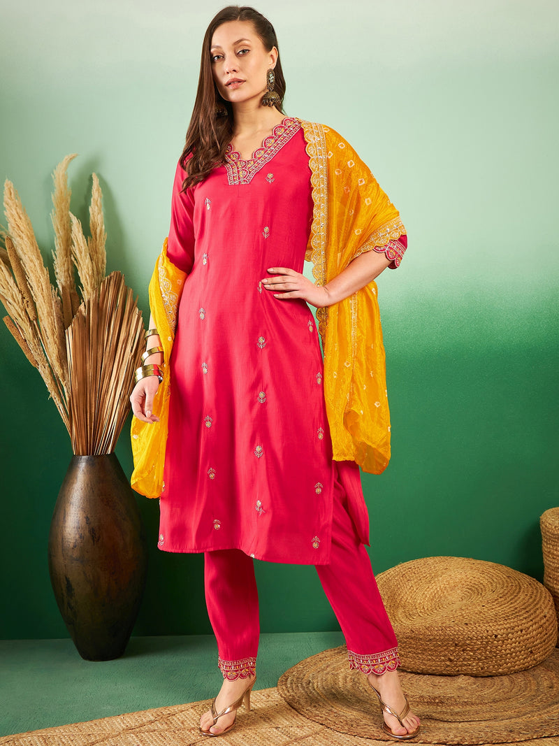 Floral Embroidered Sequinned Pure Silk V-Neck Kurta With Trousers & Dupatta