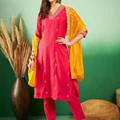 Floral Embroidered Sequinned Pure Silk V-Neck Kurta With Trousers & Dupatta
