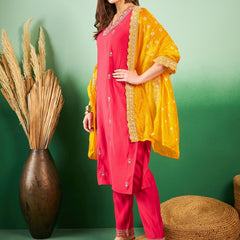 Floral Embroidered Sequinned Pure Silk V-Neck Kurta With Trousers & Dupatta