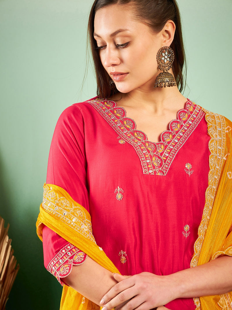 Floral Embroidered Sequinned Pure Silk V-Neck Kurta With Trousers & Dupatta