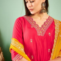 Floral Embroidered Sequinned Pure Silk V-Neck Kurta With Trousers & Dupatta