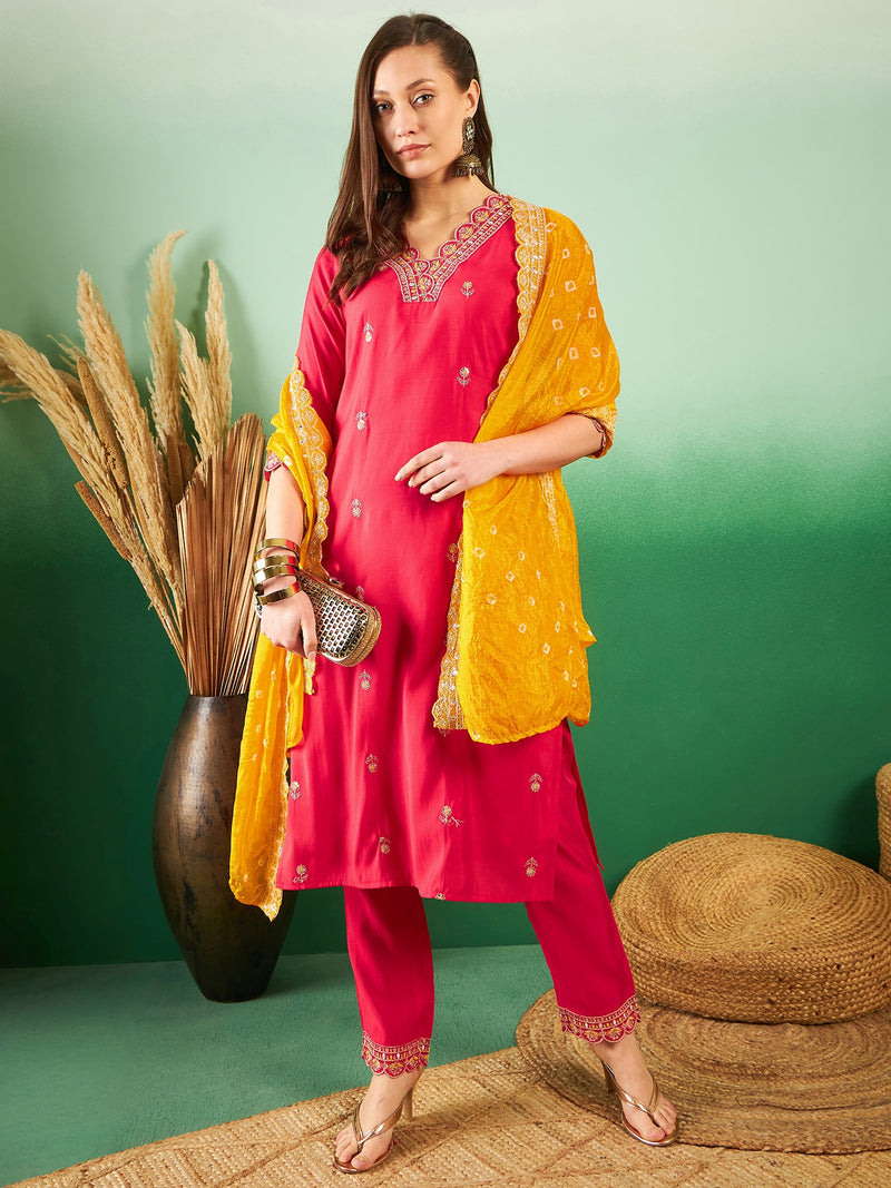 Floral Embroidered Sequinned Pure Silk V-Neck Kurta With Trousers & Dupatta