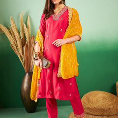 Floral Embroidered Sequinned Pure Silk V-Neck Kurta With Trousers & Dupatta