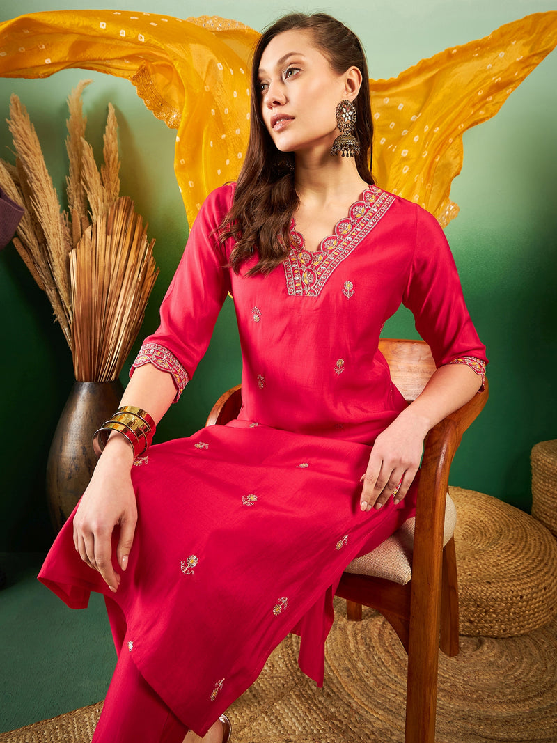 Floral Embroidered Sequinned Pure Silk V-Neck Kurta With Trousers & Dupatta