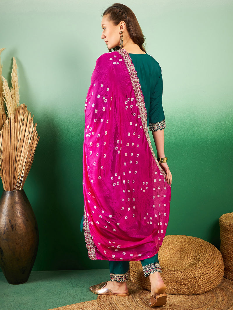 Floral Embroidered Sequinned Pure Silk V-Neck Kurta With Trousers & Dupatta