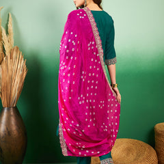 Floral Embroidered Sequinned Pure Silk V-Neck Kurta With Trousers & Dupatta