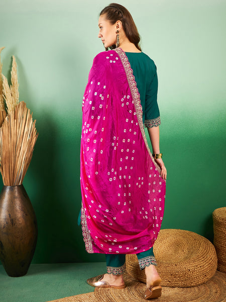 Floral Embroidered Sequinned Pure Silk V-Neck Kurta With Trousers & Dupatta
