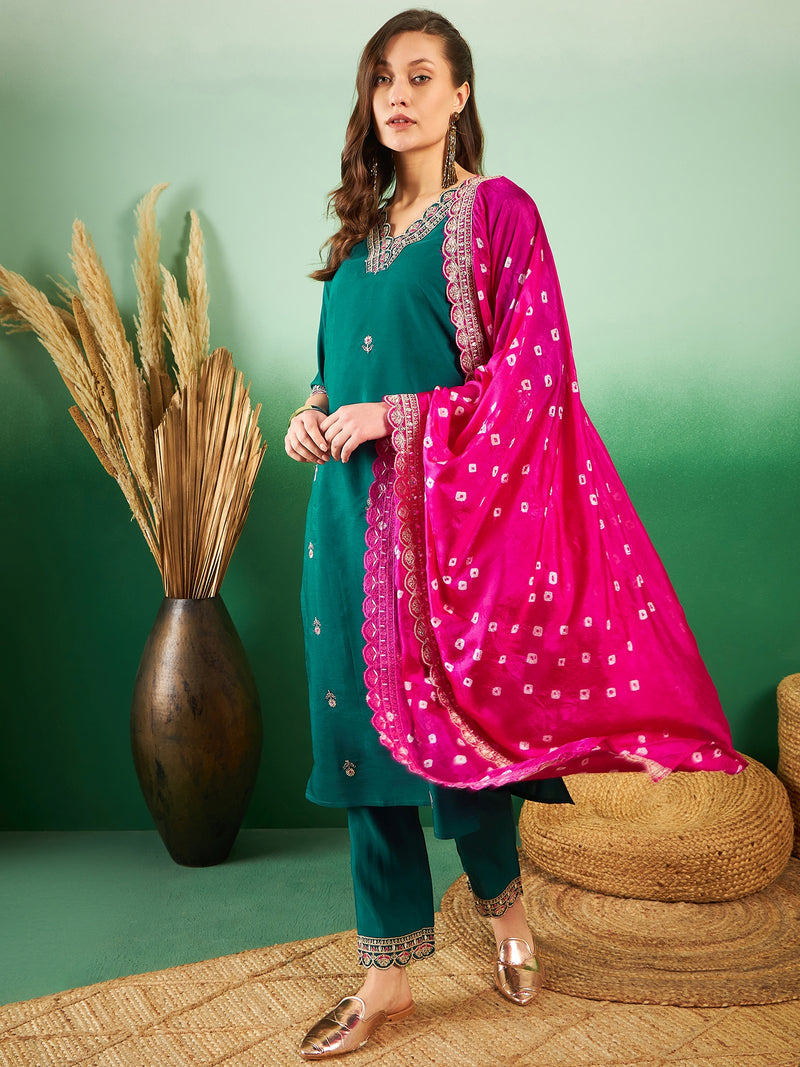 Floral Embroidered Sequinned Pure Silk V-Neck Kurta With Trousers & Dupatta