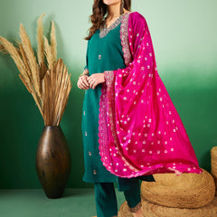 Floral Embroidered Sequinned Pure Silk V-Neck Kurta With Trousers & Dupatta