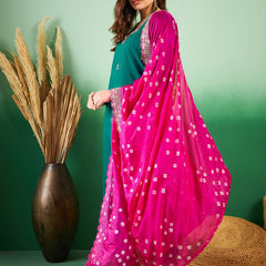 Floral Embroidered Sequinned Pure Silk V-Neck Kurta With Trousers & Dupatta