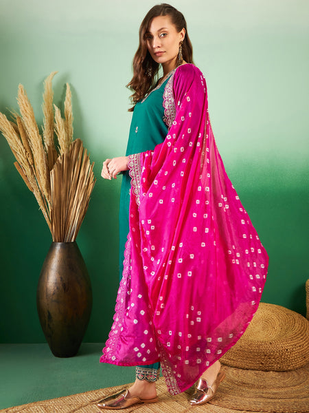 Floral Embroidered Sequinned Pure Silk V-Neck Kurta With Trousers & Dupatta