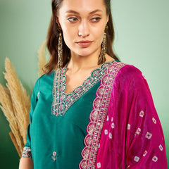 Floral Embroidered Sequinned Pure Silk V-Neck Kurta With Trousers & Dupatta