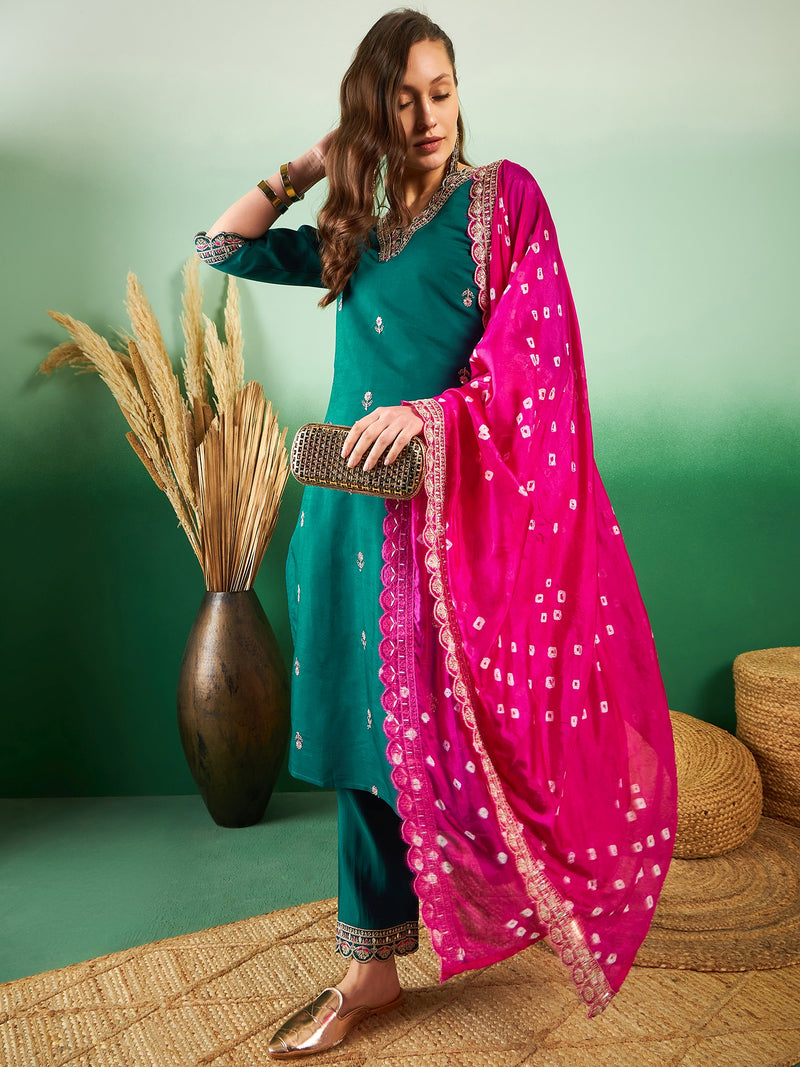 Floral Embroidered Sequinned Pure Silk V-Neck Kurta With Trousers & Dupatta