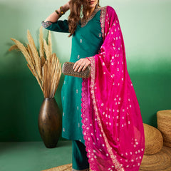 Floral Embroidered Sequinned Pure Silk V-Neck Kurta With Trousers & Dupatta