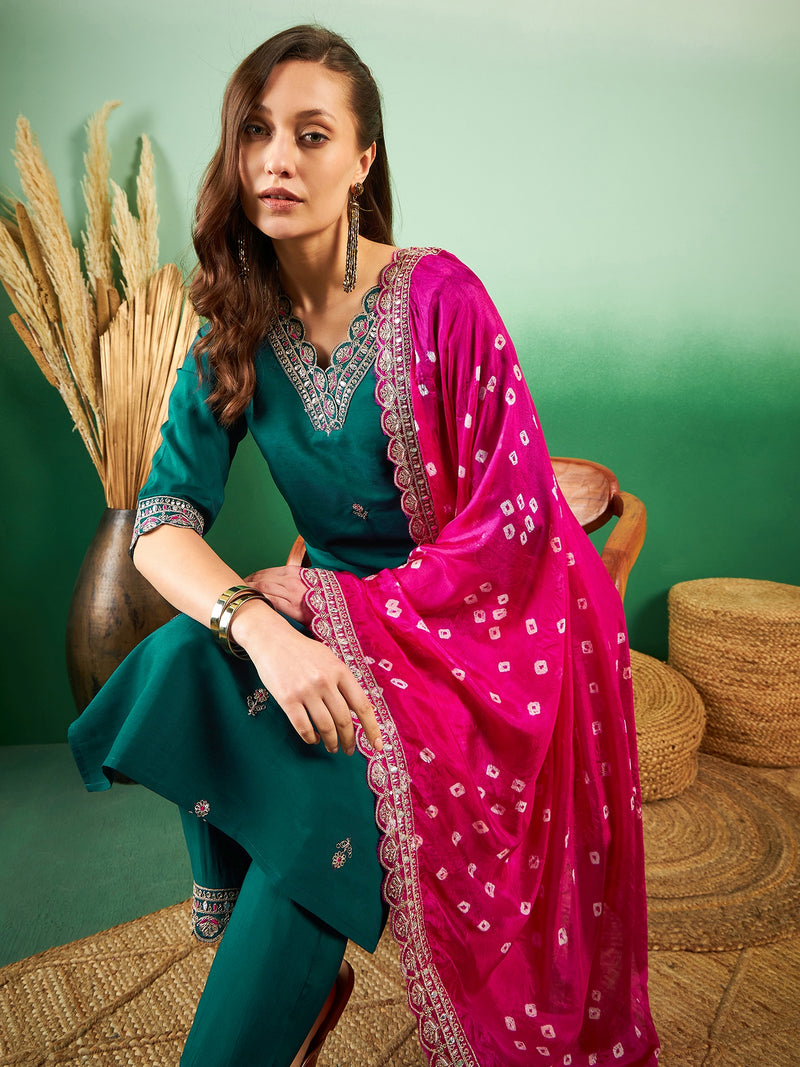 Floral Embroidered Sequinned Pure Silk V-Neck Kurta With Trousers & Dupatta