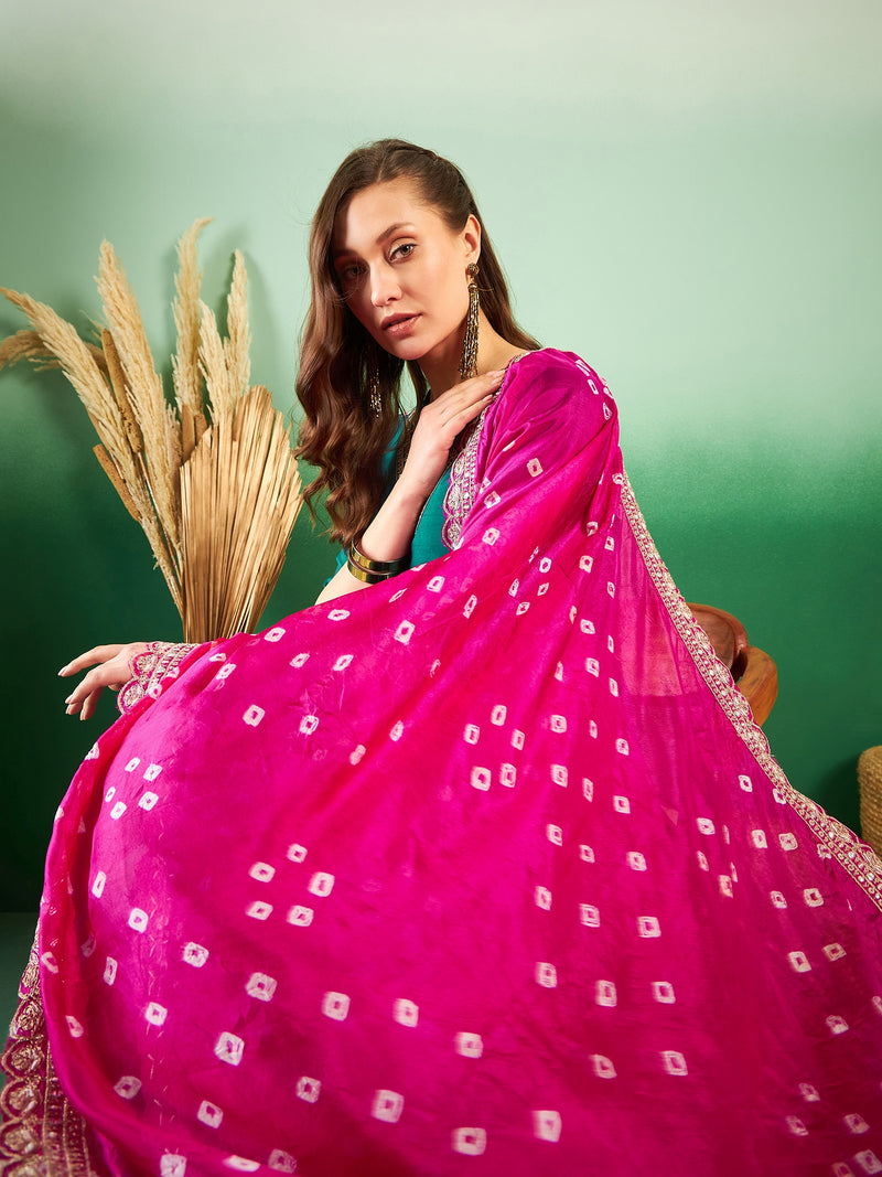 Floral Embroidered Sequinned Pure Silk V-Neck Kurta With Trousers & Dupatta