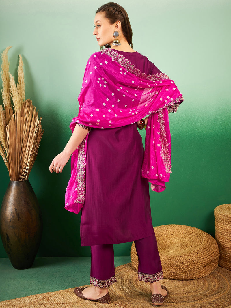 Floral Embroidered Sequinned Pure Silk V-Neck Kurta With Trousers & Dupatta