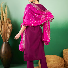 Floral Embroidered Sequinned Pure Silk V-Neck Kurta With Trousers & Dupatta