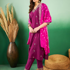 Floral Embroidered Sequinned Pure Silk V-Neck Kurta With Trousers & Dupatta