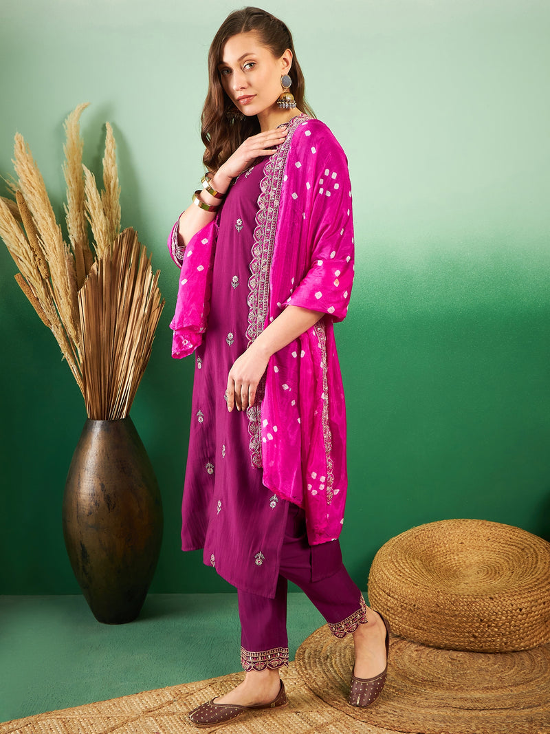 Floral Embroidered Sequinned Pure Silk V-Neck Kurta With Trousers & Dupatta