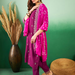 Floral Embroidered Sequinned Pure Silk V-Neck Kurta With Trousers & Dupatta