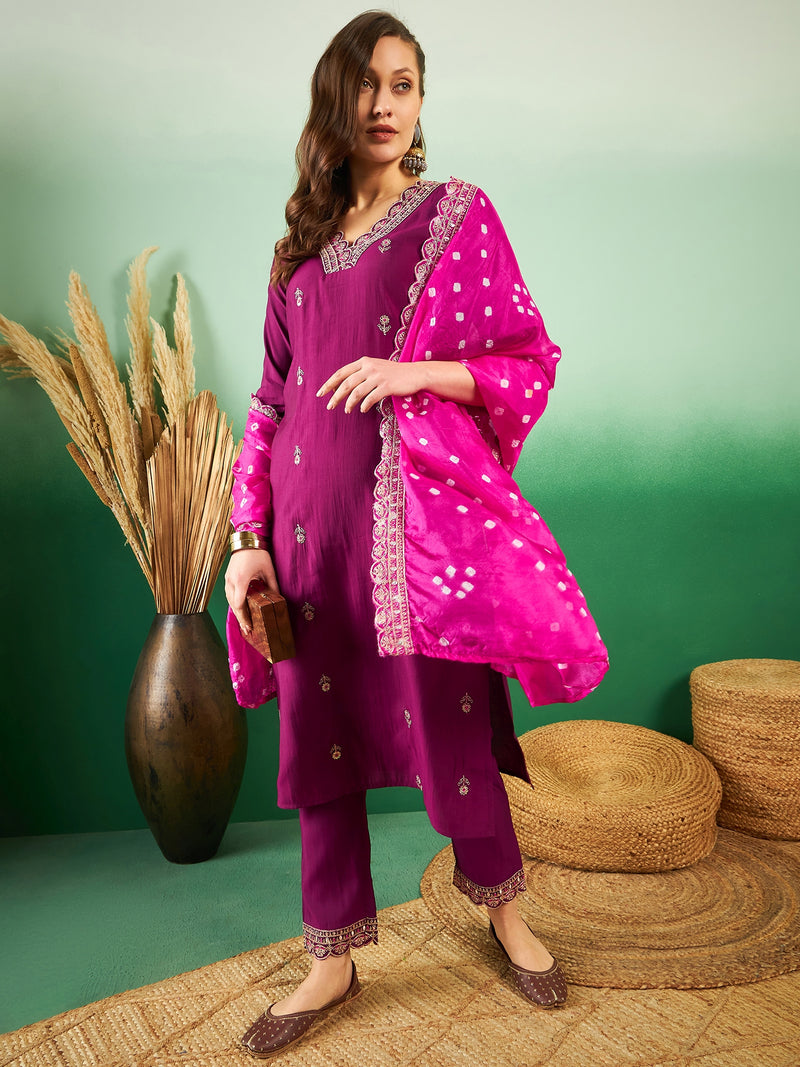 Floral Embroidered Sequinned Pure Silk V-Neck Kurta With Trousers & Dupatta