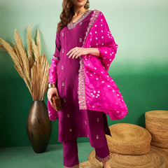 Floral Embroidered Sequinned Pure Silk V-Neck Kurta With Trousers & Dupatta
