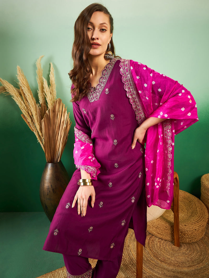 Floral Embroidered Sequinned Pure Silk V-Neck Kurta With Trousers & Dupatta