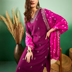 Floral Embroidered Sequinned Pure Silk V-Neck Kurta With Trousers & Dupatta