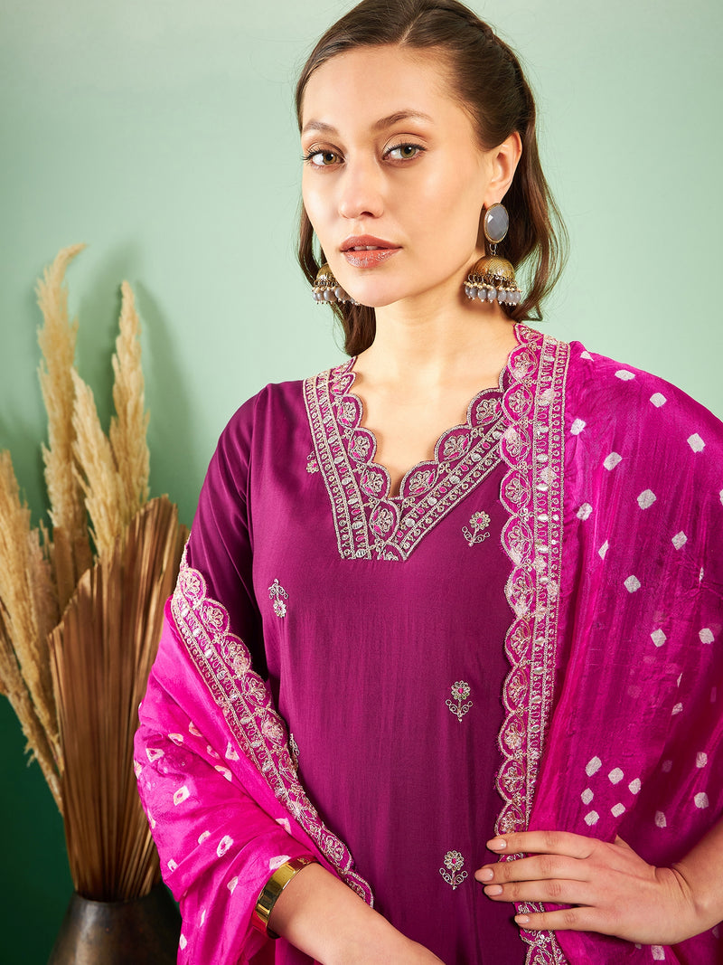 Floral Embroidered Sequinned Pure Silk V-Neck Kurta With Trousers & Dupatta