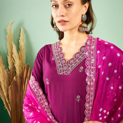 Floral Embroidered Sequinned Pure Silk V-Neck Kurta With Trousers & Dupatta