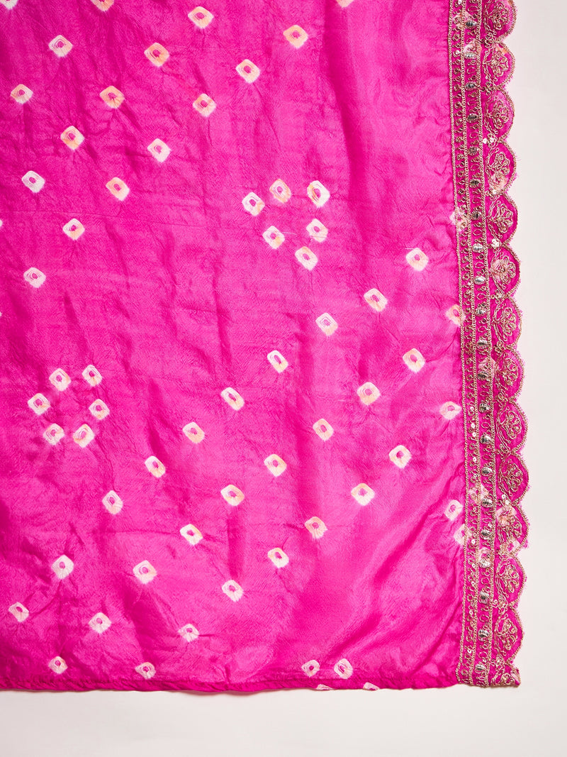 Floral Embroidered Sequinned Pure Silk V-Neck Kurta With Trousers & Dupatta