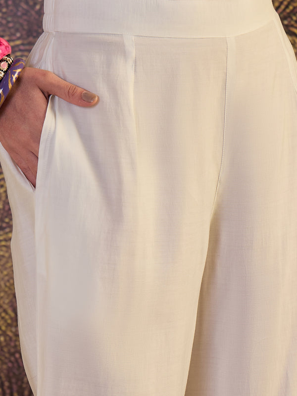 White Floral Embroidered Straight Kurta With Trouser & Bags Kurta Set