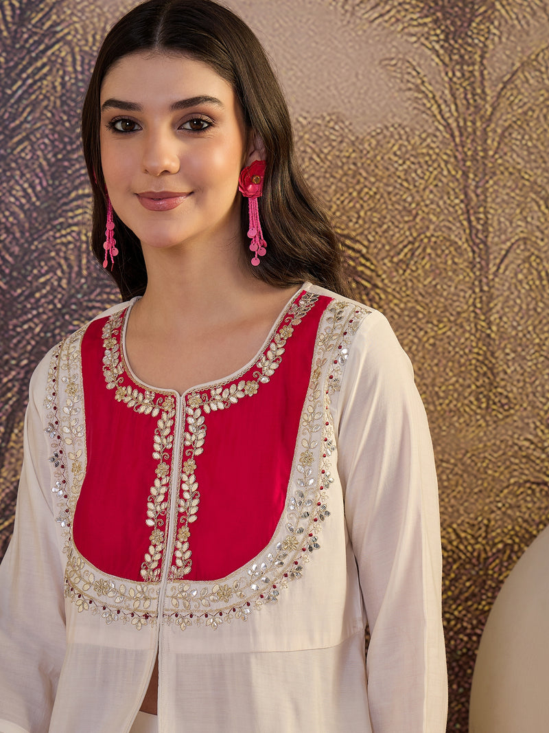 White Floral Embroidered Straight Kurta With Trouser & Bags Kurta Set