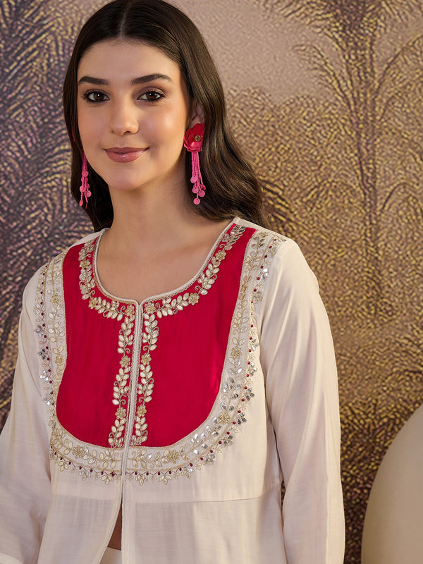 White Floral Embroidered Straight Kurta With Trouser & Bags Kurta Set