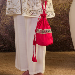 White Floral Embroidered Straight Kurta With Trouser & Bags Kurta Set
