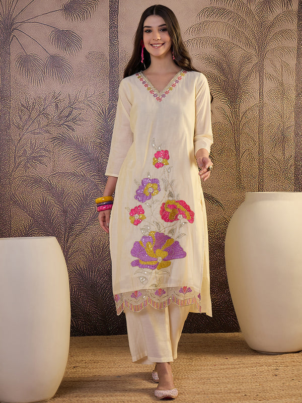 Floral Embroidered Straight Kurta With Trouser & Dupatta Kurta Set