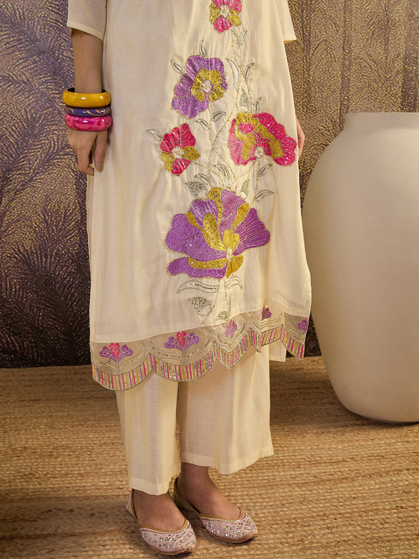 Floral Embroidered Straight Kurta With Trouser & Dupatta Kurta Set