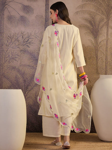 Floral Embroidered Straight Kurta With Trouser & Dupatta Kurta Set