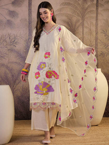 Floral Embroidered Straight Kurta With Trouser & Dupatta Kurta Set