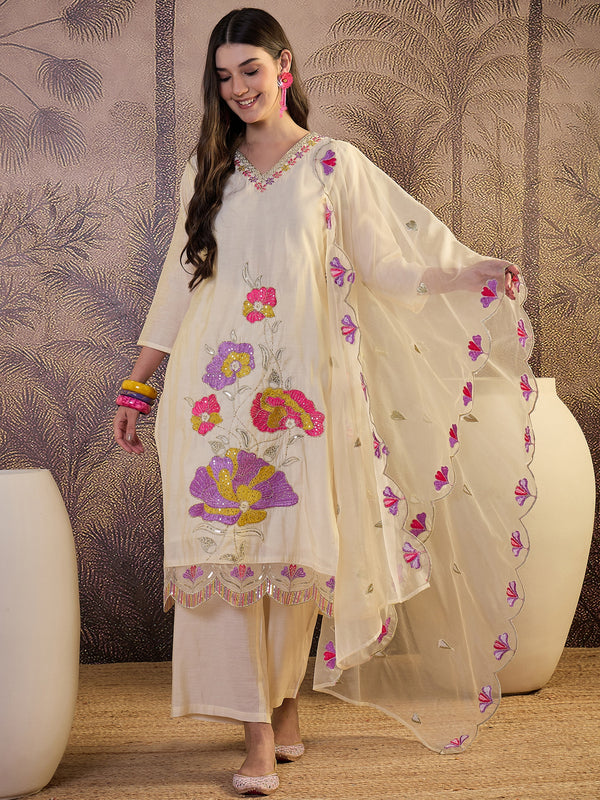 Floral Embroidered Straight Kurta With Trouser & Dupatta Kurta Set