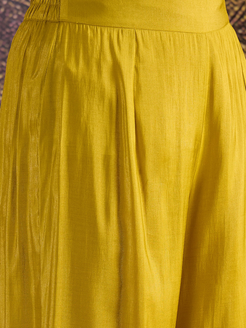 Mustard Floral Embroidered Straight Kurta With Palazzo & Dupatta Kurta Set