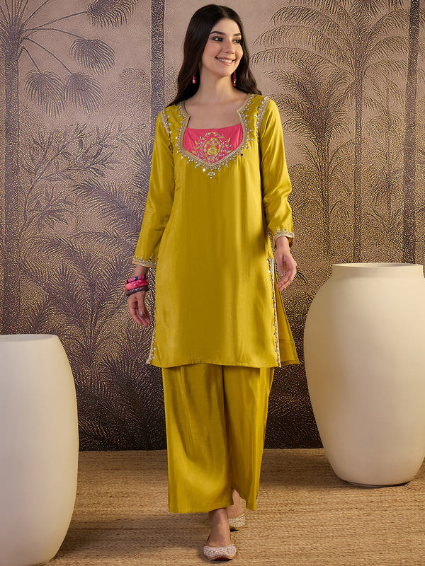 Mustard Floral Embroidered Straight Kurta With Palazzo & Dupatta Kurta Set