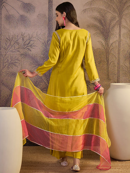 Mustard Floral Embroidered Straight Kurta With Palazzo & Dupatta Kurta Set