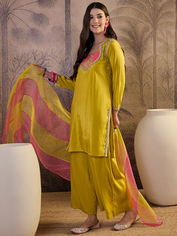 Mustard Floral Embroidered Straight Kurta With Palazzo & Dupatta Kurta Set