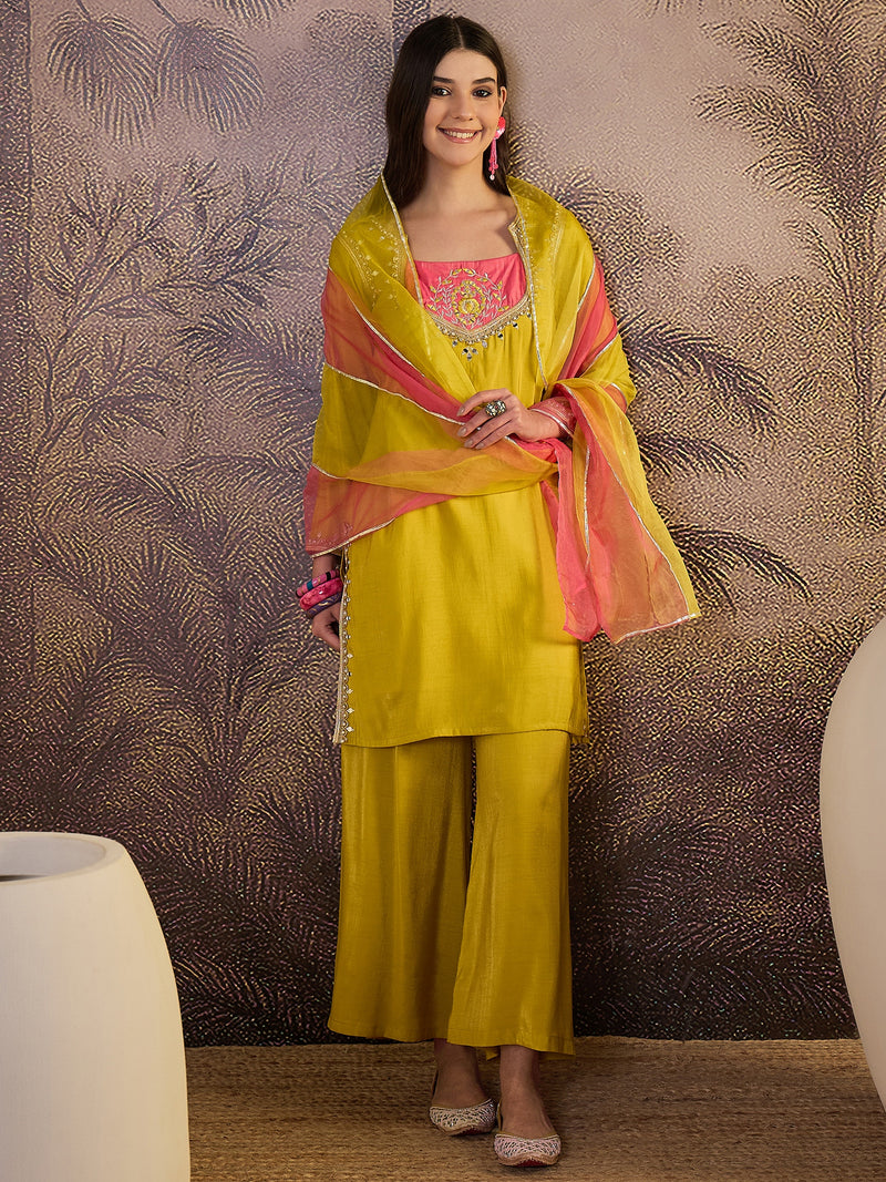 Mustard Floral Embroidered Straight Kurta With Palazzo & Dupatta Kurta Set