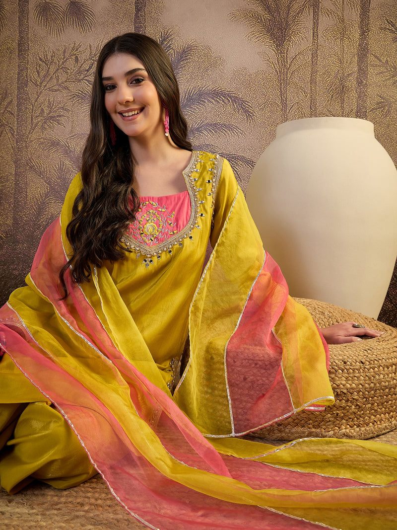 Mustard Floral Embroidered Straight Kurta With Palazzo & Dupatta Kurta Set