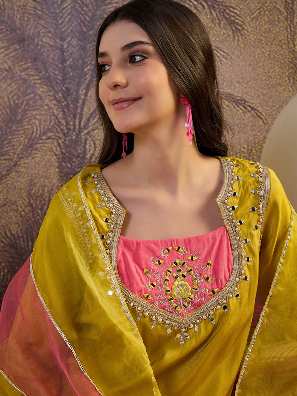 Mustard Floral Embroidered Straight Kurta With Palazzo & Dupatta Kurta Set